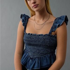 NWT, American Eagle Denim Ruffle Sleeve Smocked Top